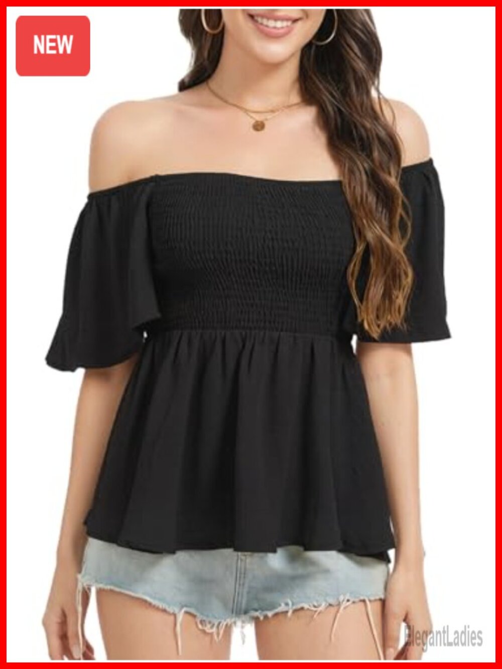 Smocked Babydoll Blouse Square Neck Ruffle Sleeve Flowy Womens Top